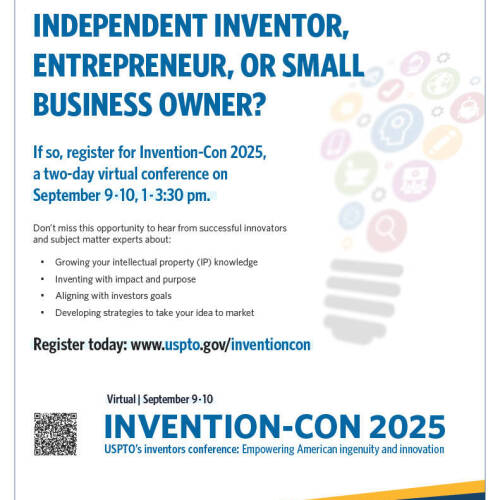 A flyer describing the Invention-Con 2025, an event on September 9 and 10 that will showcase unique ideas and opportunities. The flyer uses blue text on a white background with a lightbulb made up of icons in the background.